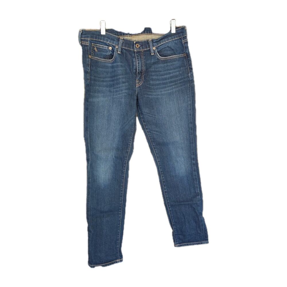 Ralph Lauren Womens Jeans Size 31 Taper Leg Blue Leather Patch Dark Denim